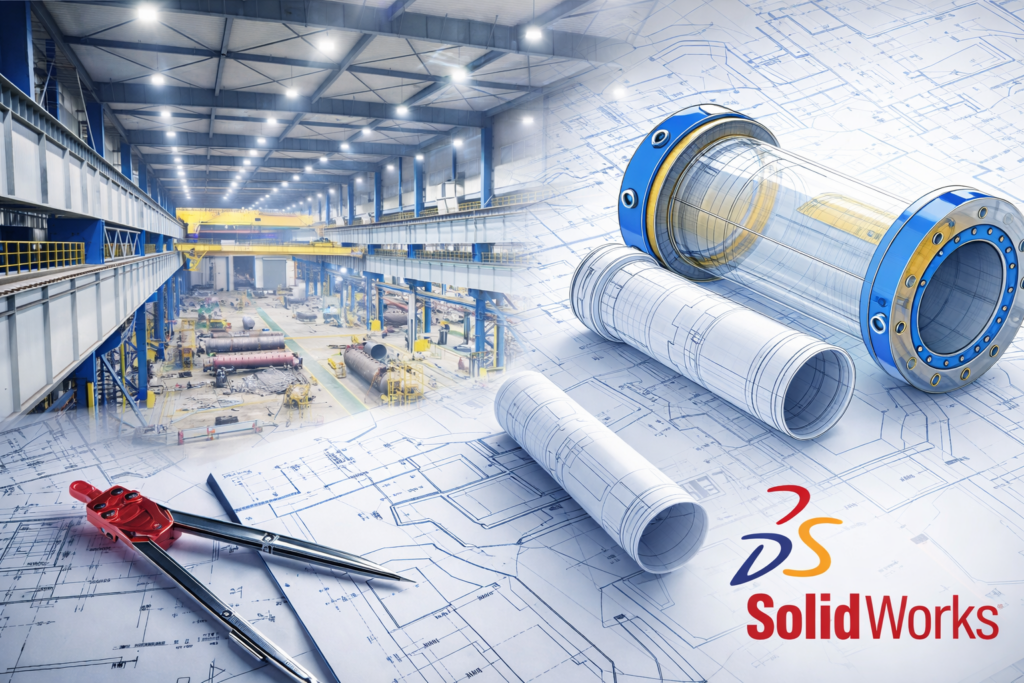 Composite industrial engineering image showing a fabrication workshop, technical drawings, 3D pipe models and SolidWorks branding.