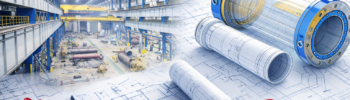 Composite industrial engineering image showing a fabrication workshop, technical drawings, 3D pipe models and SolidWorks branding.