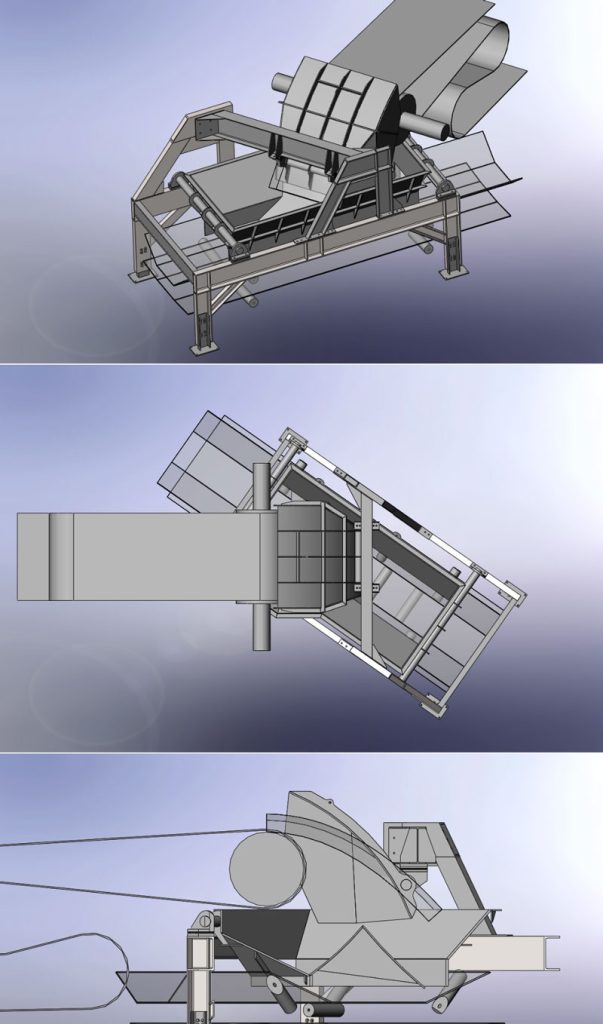 Three-view SolidWorks model of an industrial conveyor transfer system, showing an isometric view, top view, and side view. The assembly includes a transfer chute, conveyor belt sections, support frame, rollers, and structural steel components