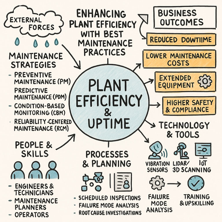 Hand-drawn infographic titled “Plant Efficiency & Uptime,” showing the key elements that enhance plant performance. Surrounding the central circle are categories including maintenance strategies (PM, PDM, CBM, RCM), people and skills (engineers, technicians, planners, operators), processes and planning (inspections, failure mode analysis, root-cause investigations), and technology and tools (vibration sensors, LiDAR/3D scanning, IoT, training). Benefits highlighted include reduced downtime, lower maintenance costs, extended equipment life, and higher safety and compliance.
