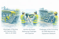Engineering comparison showing AS 3990-compliant steelwork versus unverified mechanical equipment steelwork, assessed using LiDAR scanning and digital engineering