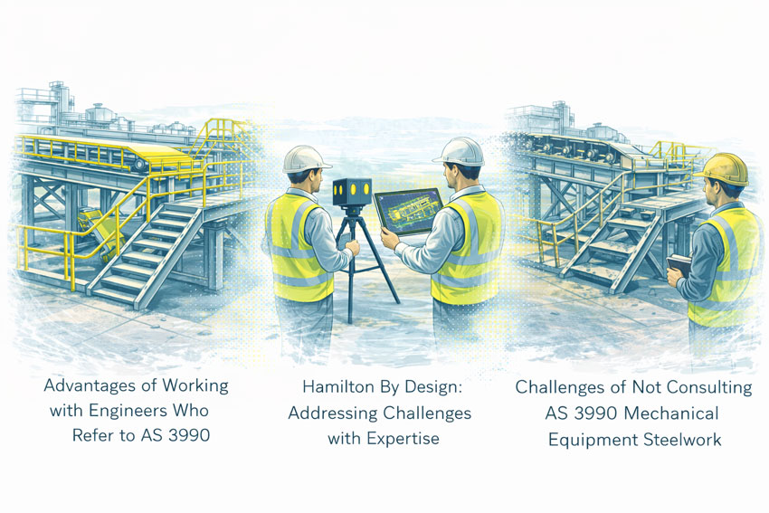 Engineers using LiDAR scanning and digital models to address challenges caused by not consulting AS 3990 mechanical equipment steelwork standards
