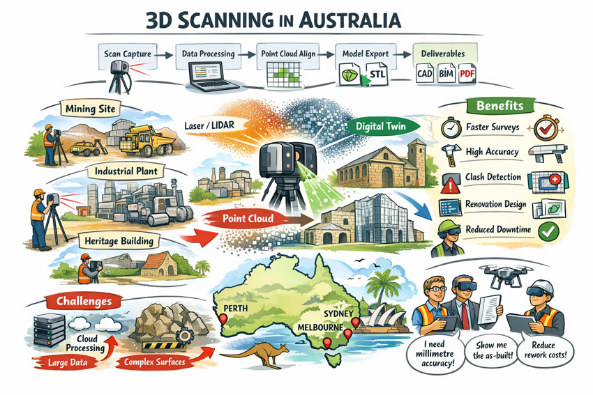 3D LiDAR scanning process in Australia showing point cloud capture, digital twin creation, and engineering deliverables for industrial and built assets.