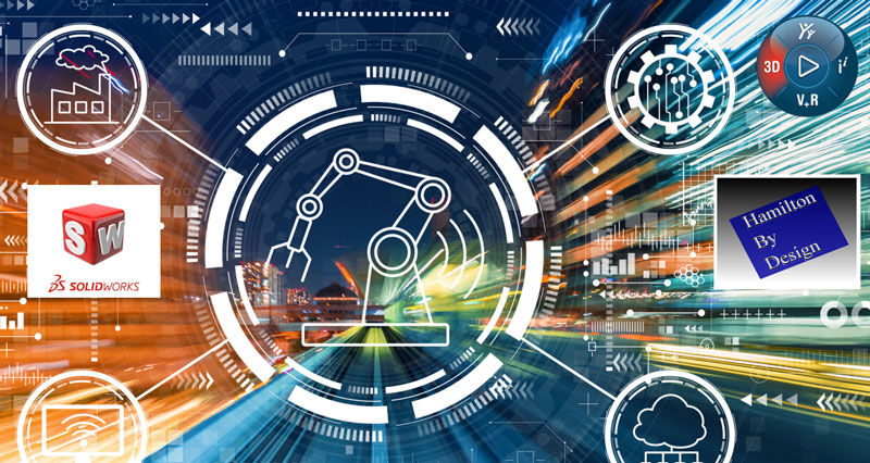 Digital engineering graphic featuring a central robotic arm icon surrounded by futuristic interface elements, cloud and AI symbols, and motion-blurred technology backgrounds. The SolidWorks logo appears on the left and the Hamilton By Design logo on the right, representing advanced 3D modelling and digital engineering capabilities.