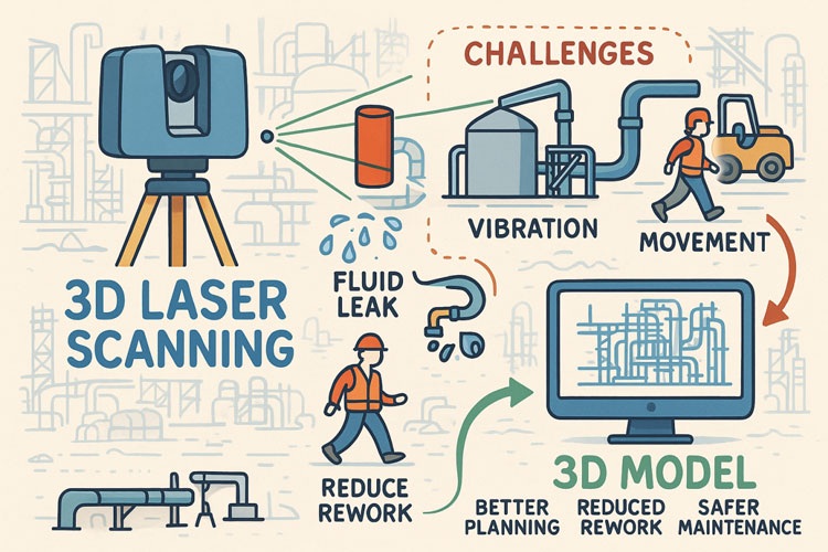 Infographic showing 3D laser scanning capturing industrial equipment to identify challenges such as vibration, movement, and fluid leaks, feeding into a 3D model that improves planning, reduces rework, and supports safer maintenance