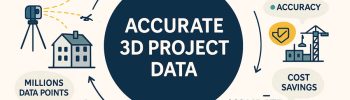 Infographic illustrating the 3D project data workflow, showing LiDAR scanners and drones capturing millions of data points, a designer modelling on a computer, and project teams validating accurate 3D data, highlighting benefits such as speed, accuracy, cost savings and project success.