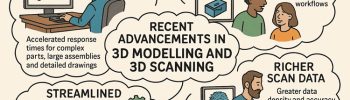 Illustrated infographic titled “Recent Advancements in 3D Modelling and 3D Scanning.” It features four themed sections around a central title. “Enhanced Performance” shows a person working on a computer with faster response times for complex parts and assemblies. “Improved Collaboration” depicts two people discussing streamlined design communication. “Streamlined Workflows” shows a microscope and gears representing improved management of part, assembly, and drawing processes. “Richer Scan Data” shows a technician scanning an object and a computer displaying a dense point cloud model, emphasising greater accuracy and data density. The overall image highlights modern improvements in modelling, collaboration, workflows, and point cloud scanning.