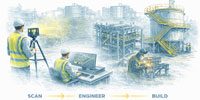 Engineer-led 3D laser scanning of an industrial plant transitioning into mechanical engineering design and steel fabrication.