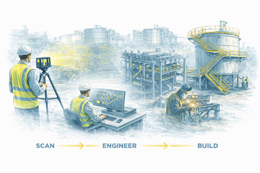 Engineer using 3D LiDAR scanning to capture an industrial facility, followed by CAD modelling and fabrication-ready steelwork.