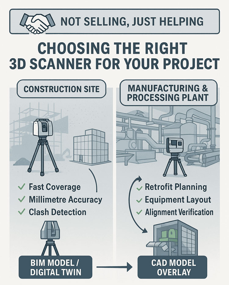 Infographic titled ‘Choosing the Right 3D Scanner for Your Project’ with the tagline ‘Not Selling, Just Helping.’ The left side shows a construction site with a tripod-mounted 3D scanner and benefits listed: fast coverage, millimetre accuracy, and clash detection, leading to BIM model or digital twin outputs. The right side shows a manufacturing and processing plant with a scanner and benefits: retrofit planning, equipment layout, and alignment verification, leading to CAD model overlay results