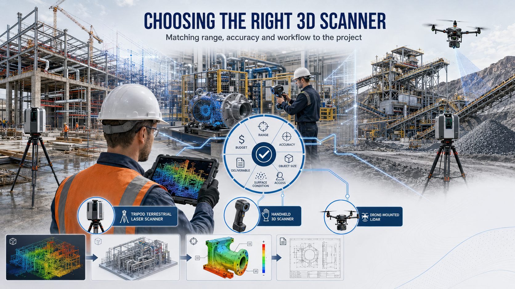 Technical illustration comparing terrestrial, handheld and drone-mounted 3D scanners for construction, manufacturing and mining projects.