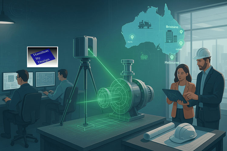 Illustration of an engineering workspace where a tripod-mounted 3D LiDAR scanner captures a green point-cloud of an industrial pump assembly. Two engineers review scan data on a tablet beside technical drawings, while two others model components on computer workstations. A digital map of Australia is displayed in the background, highlighting Hamilton By Design’s service locations including Perth, Brisbane, Sydney, and Melbourne. The scene emphasises advanced 3D scanning, digital engineering, and nationwide support.