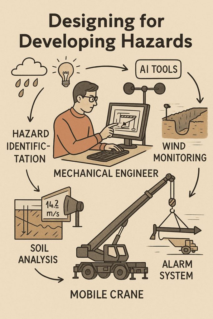 Illustrated infographic titled “Designing for Developing Hazards,” showing a mechanical engineer at a computer analysing a structure while surrounded by icons representing hazard identification. Elements include rain and storm clouds, a lightbulb symbolising ideas, AI tools, a wind sensor for wind monitoring, and a soil test graphic for soil analysis. Arrows connect these hazards to a mobile crane lifting equipment, alongside an alarm system alerting operators. The layout highlights how engineers assess weather, wind, soil conditions, and digital data to design safely around evolving hazards.