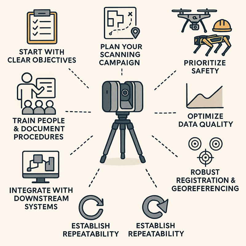 Infographic showing a 3D LiDAR scanner on a tripod surrounded by eight best-practice principles: start with clear objectives, plan your scanning campaign, prioritize safety, optimize data quality, ensure robust registration and georeferencing, establish repeatability, integrate with downstream systems, and train people with documented procedures