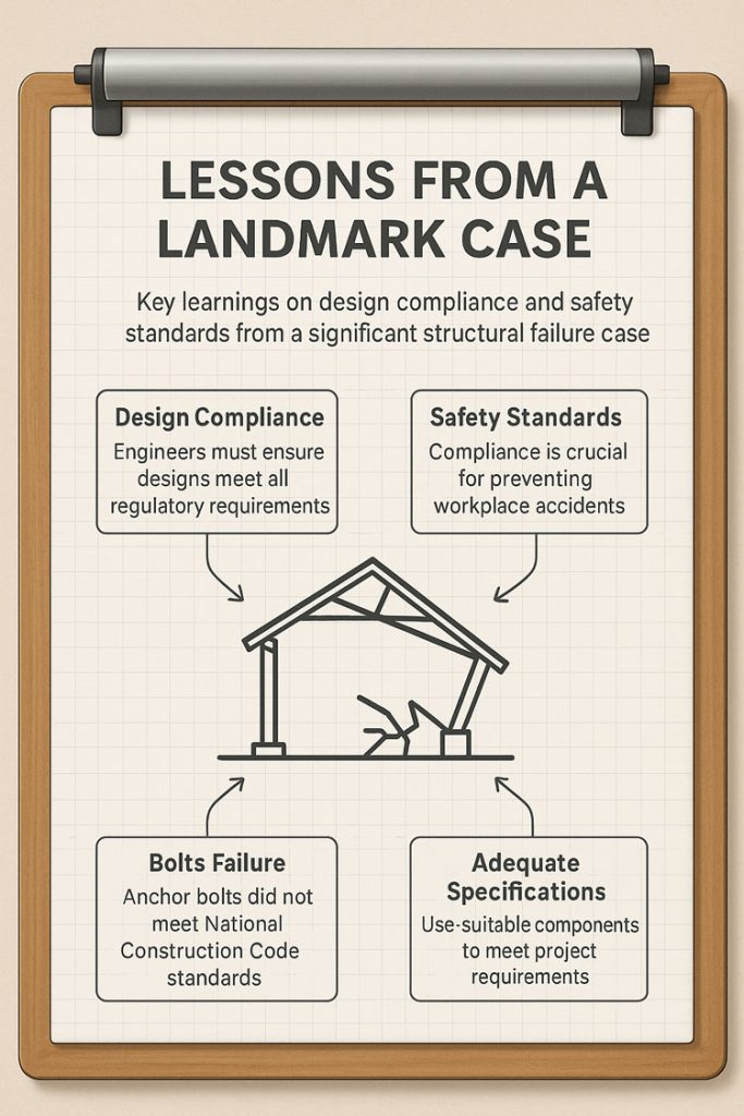 Infographic titled ‘Lessons From a Landmark Case’ displayed on a clipboard. It highlights key learnings from a structural failure case: design compliance, safety standards, bolts failure, and adequate specifications. At the centre is a simple line drawing of a collapsed structure, with arrows pointing to four labelled boxes describing the importance of regulatory compliance, workplace safety standards, anchor bolt failures, and using suitable components to meet project requirements
