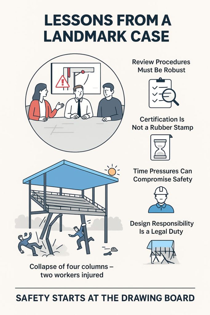 Infographic titled “Lessons from a Landmark Case,” showing engineers reviewing a design, icons highlighting robust review procedures, proper certification, time-pressure risks, and legal design responsibilities. The lower illustration depicts a structure collapsing after four column failures with two workers falling, emphasising the message “Safety starts at the drawing board