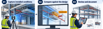 Three-step infographic showing Sydney construction LiDAR scanning, point-cloud comparison with design geometry, and as-built documentation, with Hamilton By Design branding.