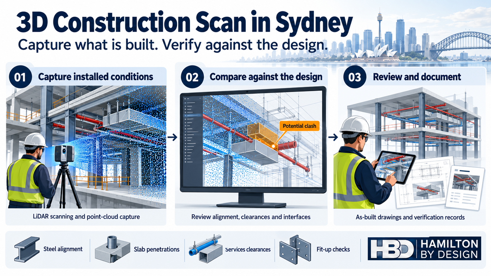 Three-step infographic showing Sydney construction LiDAR scanning, point-cloud comparison with design geometry, and as-built documentation, with Hamilton By Design branding.