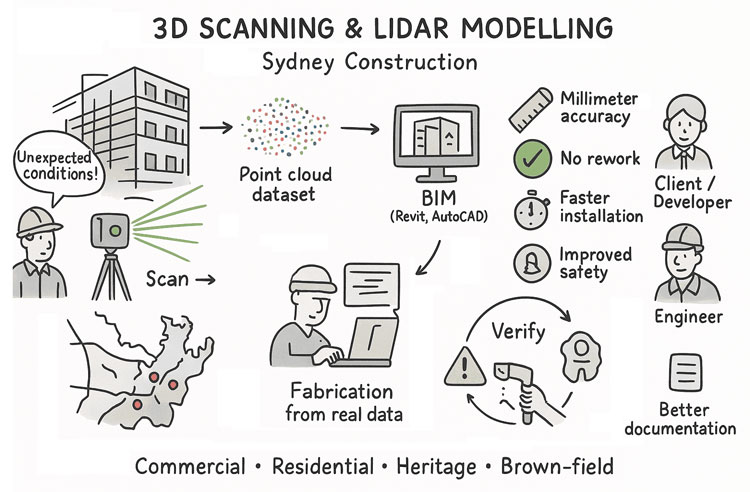 Illustrated infographic showing 3D scanning and LiDAR modelling for Sydney construction, from site scanning and point-cloud creation to BIM modelling and fabrication, highlighting millimeter accuracy, no rework, faster installation, improved safety, and better documentation