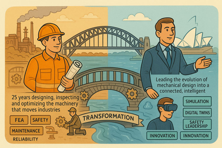 Illustrated comparison showing traditional mechanical engineering on one side and modern digital engineering on the other, with the Sydney Harbour Bridge and Opera House in the background, highlighting themes of maintenance, safety, reliability, simulation, digital twins, and innovation.