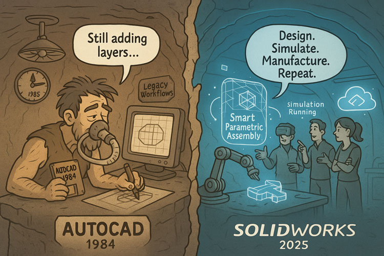 Humorous comparison illustration showing outdated AutoCAD workflows from 1984 versus modern SolidWorks 2025 with smart parametric assembly, simulation, and advanced design automation