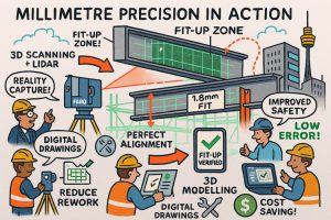 Illustrated diagram showing millimetre-precision 3D LiDAR scanning and digital modelling for construction fit-up verification. A FARO laser scanner captures reality data, generating digital drawings and a point cloud used for perfect alignment and a verified 1.8 mm fit-up. Engineers review models on tablets and laptops, highlighting reduced rework, improved safety, low error rates, and cost savings. Sydney tower landmark visible in background.