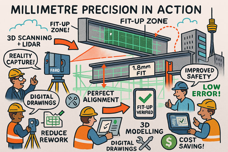 Illustrated diagram showing millimetre-precision 3D LiDAR scanning and digital modelling for construction fit-up verification. A FARO laser scanner captures reality data, generating digital drawings and a point cloud used for perfect alignment and a verified 1.8 mm fit-up. Engineers review models on tablets and laptops, highlighting reduced rework, improved safety, low error rates, and cost savings. Sydney tower landmark visible in background.