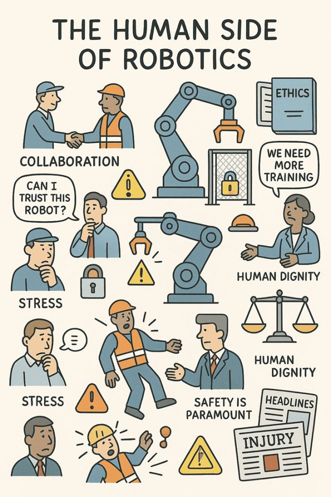 Illustrated infographic titled “The Human Side of Robotics,” showing workers interacting with industrial robots and highlighting concerns such as collaboration, trust, stress, training needs, ethics, safety, and human dignity. Several people appear worried or stressed, with speech bubbles saying “Can I trust this robot?” and “We need more training.” Warning symbols, safety locks, scales representing ethics, and a newspaper headline reading “Injury” emphasize workplace risks. A robotic arm works within a safety cage while workers discuss safety and ethical implications. The overall theme contrasts human concerns with the increasing use of robotics.