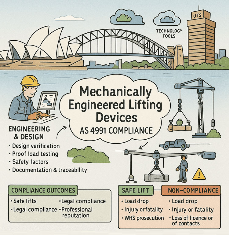 Illustrated infographic explaining AS 4991 mechanically engineered lifting devices, showing engineering design steps, safe lifting practices, compliance outcomes, and non-compliance risks, with Sydney landmarks in the background