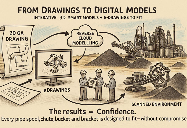 Illustrated workflow showing how 2D GA drawings and scanned environments are turned into 3D digital models through reverse cloud modelling and eDrawings, demonstrating confidence in fabrication fit for mining and industrial equipment.