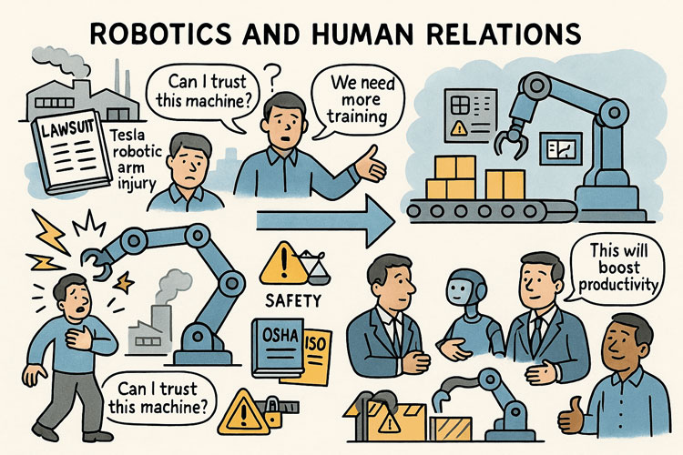 Illustrated infographic titled “Robotics and Human Relations” showing factory scenes with robotic arms and workers. The left side depicts safety concerns, including a worker being struck by a robot arm, a “Tesla robotic arm injury” lawsuit headline, and workers asking “Can I trust this machine?” and “We need more training.” Safety icons such as warning triangles, OSHA and ISO symbols appear. The right side shows improved collaboration between humans and robots, with workers confidently operating robots, a humanoid robot assisting a technician, and a manager saying “This will boost productivity.” The overall theme contrasts risks and training needs with safe and productive human-robot interaction.