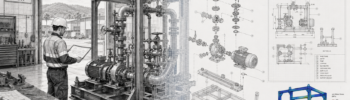 Mechanical engineer reviewing a pump and pipework skid in a Wyong workshop, with CAD wireframe, exploded aassembly, fabrication drawings and FEA analysis.