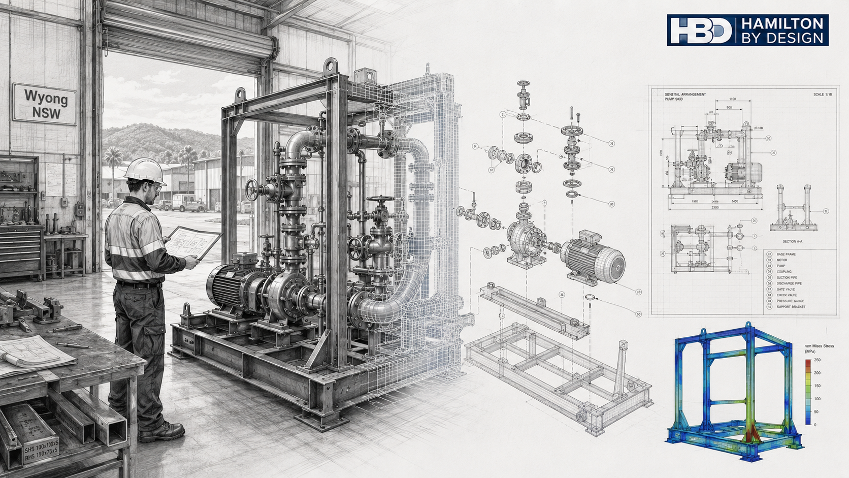 Mechanical engineer reviewing a pump and pipework skid in a Wyong workshop, with CAD wireframe, exploded aassembly, fabrication drawings and FEA analysis.