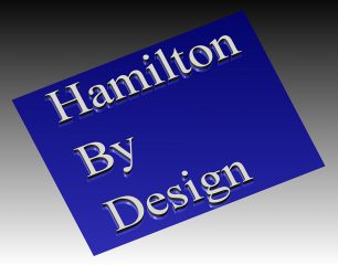 Hamilton By Design logo displayed on a blue tilted rectangle with a grey gradient background