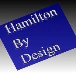 Hamilton By Design logo displayed on a blue tilted rectangle with a grey gradient background