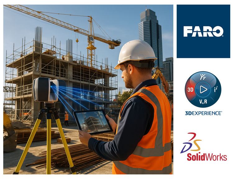Technician using a FARO 3D laser scanner and tablet to capture a construction site for digital modelling, with 3DEXPERIENCE and SolidWorks logos shown on the side