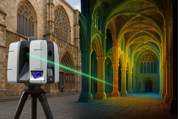 3D Scanning Sydney A realistic image of a lidar scanner scanning old building in sydney with Hamilton By Design logo on scanner