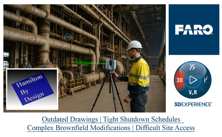 Technician operating a FARO 3D laser scanner inside an industrial plant to capture accurate geometry for brownfield upgrades, shown alongside Hamilton By Design and 3DEXPERIENCE logos with highlighted challenges such as outdated drawings and tight shutdown schedules