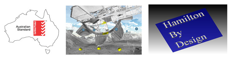 Composite image showing an Australian Standard compliance graphic, a LiDAR point-cloud scan of a coal reclaimer with inspection markers, and the Hamilton By Design logo