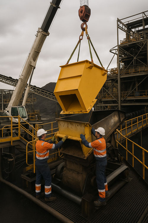 Workers guiding a crane-lifted yellow chute into position at a coal handling and preparation plant, with conveyor infrastructure and safety equipment visible on site