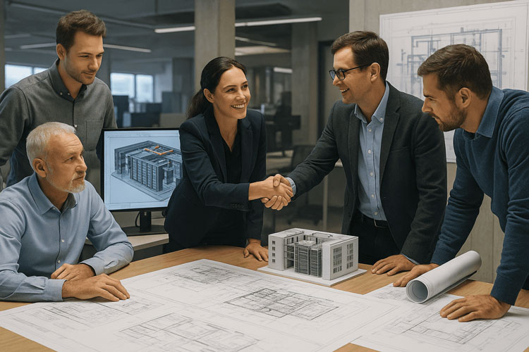 A team of engineers and project managers collaborating in a modern office, reviewing blueprints and a scale model of a data centre. Two colleagues shake hands across the table, symbolising successful project completion and teamwork, while 3D models and technical drawings are displayed on the monitor behind them.