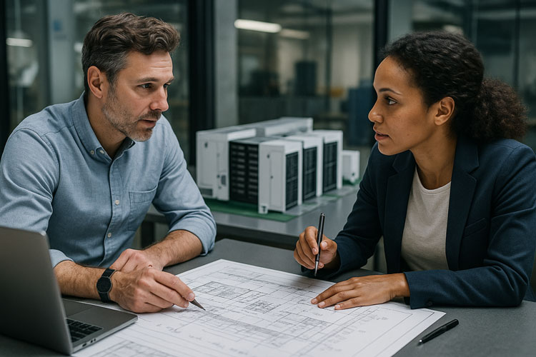 Engineering team developing a data centre design in a modern technical office. A computer screen displays a 3D model of server racks and cooling systems, while engineers review blueprints, LiDAR scan data, and system diagrams. The scene represents Hamilton By Design’s precision approach to data centre design and modular engineering.