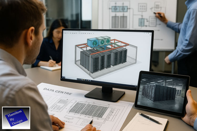 Hamilton By Design engineers working on advanced data centre design — reviewing SolidWorks 3D models, LiDAR scans, and fabrication drawings for modular cooling and server systems in a modern engineering office