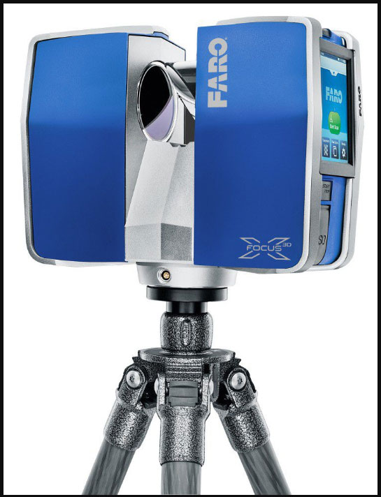 FARO Focus 3D laser scanner mounted on a tripod, used for high-accuracy LiDAR surveying and 3D point-cloud capture