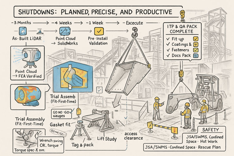 Hand-drawn infographic showing the shutdown workflow from LiDAR scanning and FEA verification through SolidWorks modelling, pre-install validation, trial assembly, lift study, and execution, including ITP and QA checks, safety steps, and onsite installation activities