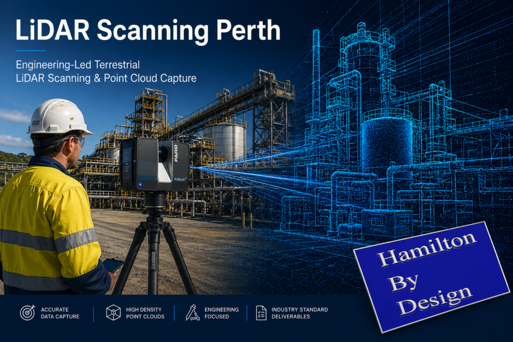 LiDAR Scanning Perth promotional banner showing a terrestrial laser scanner capturing an industrial processing facility, with a digital point cloud overlay illustrating engineering-led reality capture and high-density data collection.