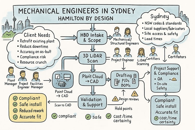 Infographic outlining Hamilton By Design’s mechanical engineering workflow in Sydney, showing client needs, project intake, 3D LiDAR scanning, point-cloud-to-CAD modelling, drafting, validation, and compliance outcomes such as safe installation, reduced rework, and accurate fit