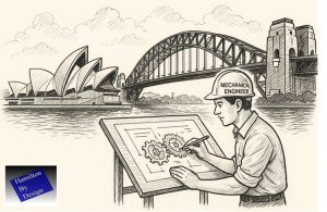 Illustrated mechanical engineer drafting gear designs at a drawing board with the Sydney Opera House and Harbour Bridge in the background, alongside the Hamilton By Design logo