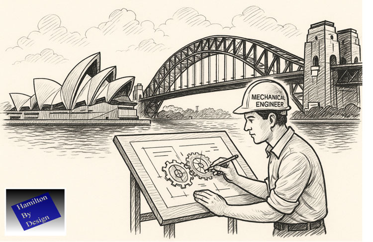 Illustrated mechanical engineer drafting gear designs at a drawing board with the Sydney Opera House and Harbour Bridge in the background, alongside the Hamilton By Design logo