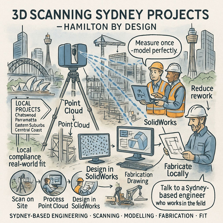Illustrated infographic showing Hamilton By Design’s 3D scanning workflow in Sydney, including onsite LiDAR scanning, point-cloud processing, SolidWorks modelling, and local fabrication, with Sydney landmarks in the background